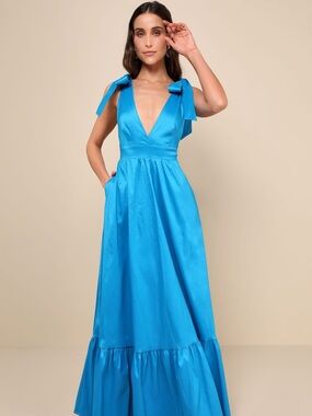 Lulu's Bright Blue Tie-Shoulder Maxi Dress